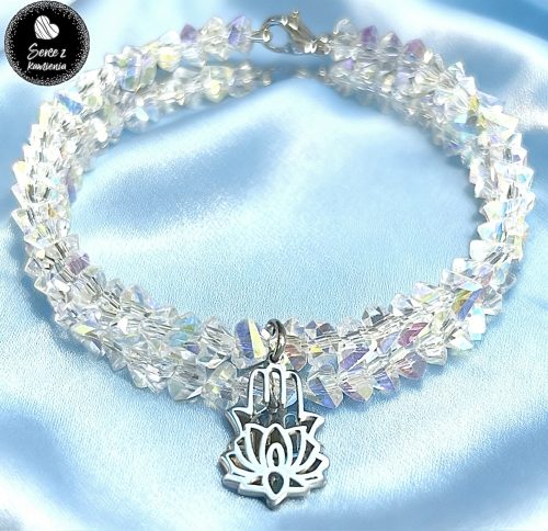 Szkło kryształowe opalizujące – zawieszka ręka Fatimy z kwiatem lotosu